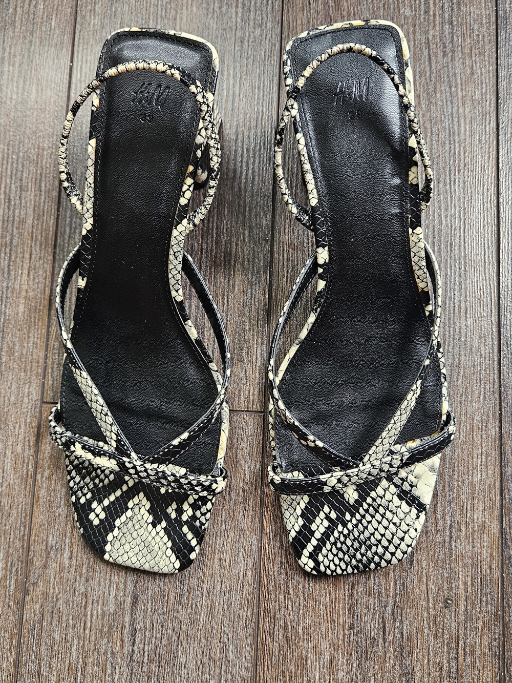 H&M Black and Cream Snake-Print Strappy Heels